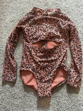Art Class Girls Long Sleeve Cutout One-Piece Swimsuit – Leopard Print – XS (4/5)